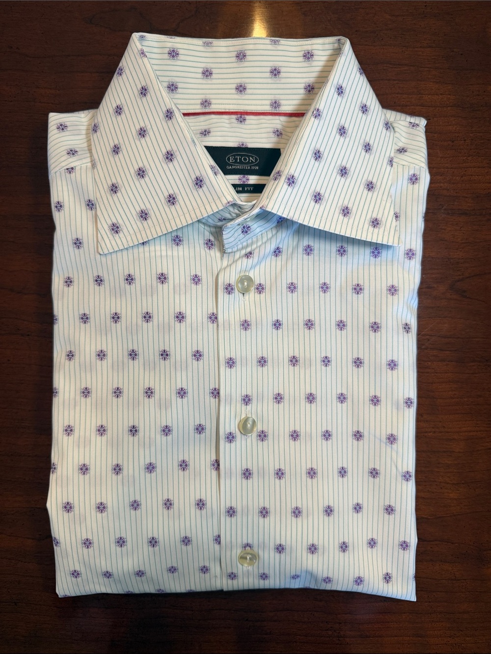 Eton White Dress Shirt with Purple Floral Dots and Blue Pinstripes